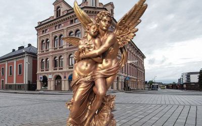 廣場(chǎng)戶外玻璃鋼仿銅情侶愛神雕塑