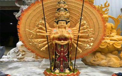 寺廟景區玻璃鋼漆金大型景觀千手觀音雕塑