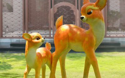 景區(qū)游樂(lè)場(chǎng)創(chuàng)意玻璃鋼彩繪卡通鹿雕塑