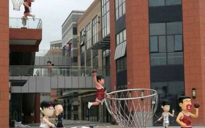 校園戶外創意卡通人物打籃球玻璃鋼雕塑