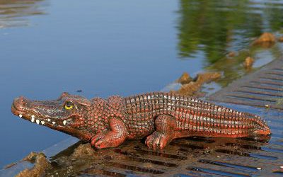 湖邊擺放的玻璃鋼仿真動物鱷魚雕塑