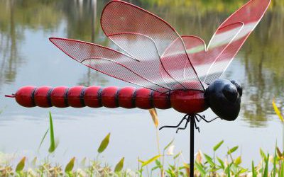 公園湖邊草叢彩繪紅色玻璃鋼蜻蜓雕塑